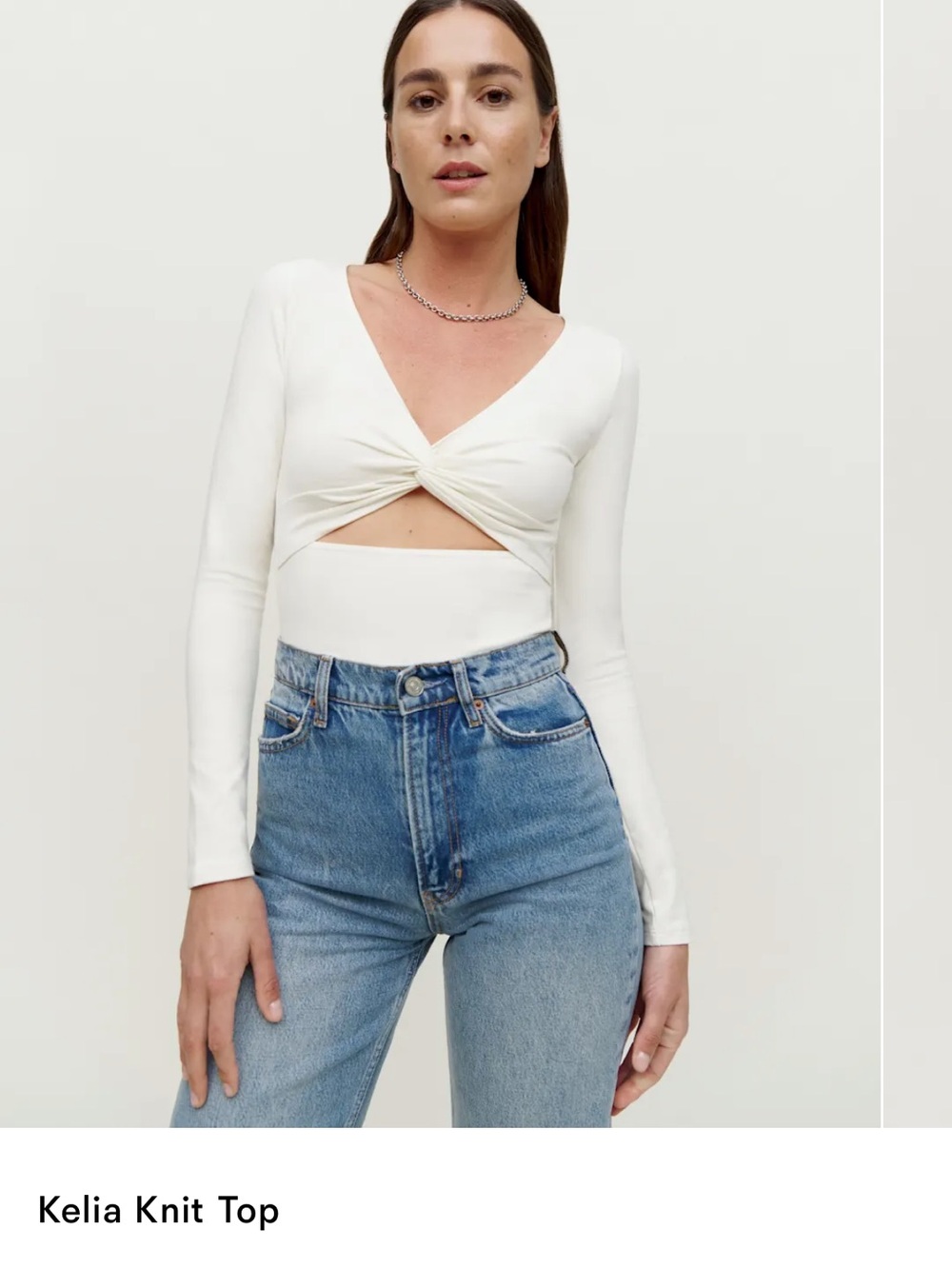 Reformation Kelia Knit Top — White Twist Front Long Sleeve